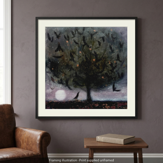 A Murder of Crows in a smoky aubergine interior with a blackened oak frame