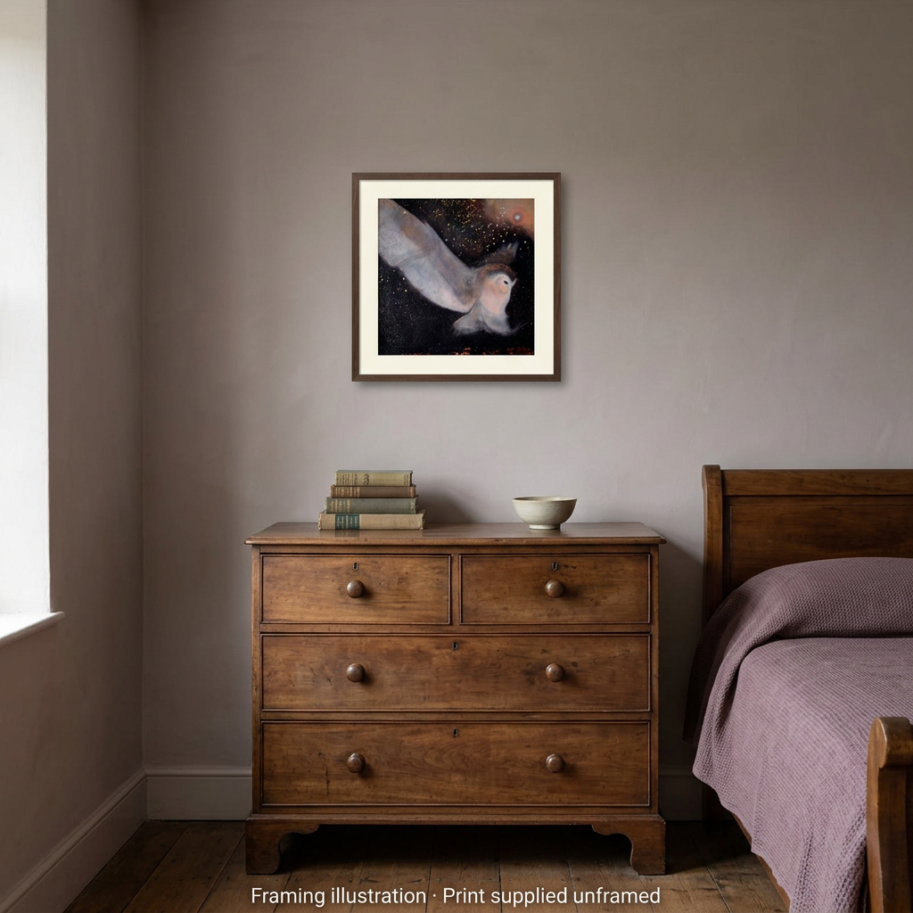 The Soft Night Descending in a wider mushroom-mauve room with a smaller framed print