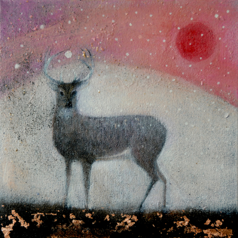 stag against snow and red moon