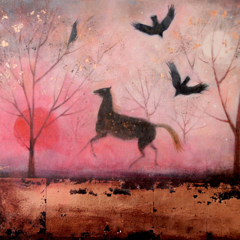 Crows song:Horse and crows at dawn painting