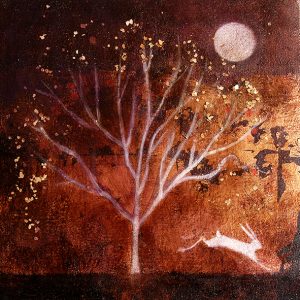 copper and acrylic tree, hare and moon